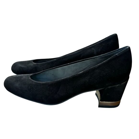 Stuart Weitzman Laney Suede Pumps Block Heel withGold Accent in Black NWOB Size - Picture 5 of 10